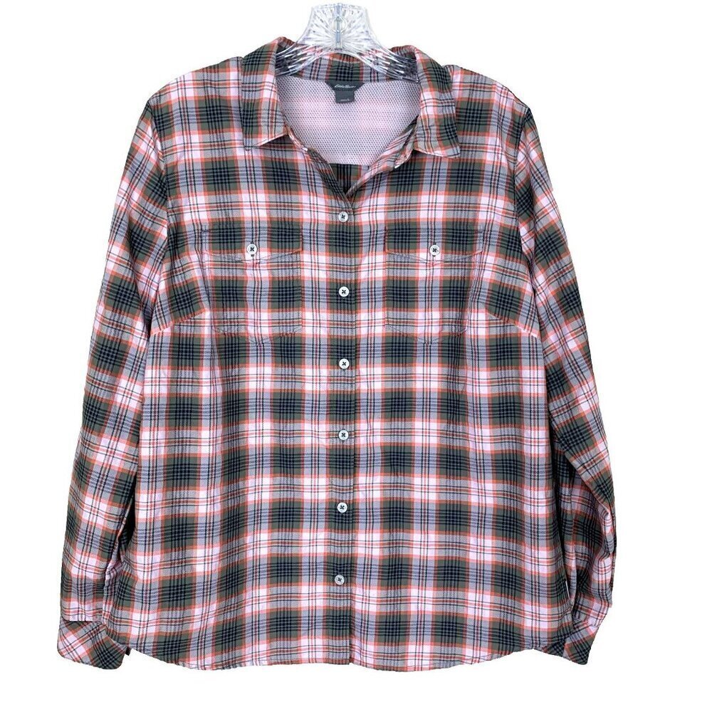 Eddie‎ Bauer Womens L Long Sleeve Shirt Plaid Green Hiking Lightweight Travel